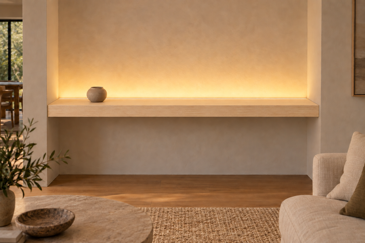 66 × 8 × 3 inch natural maple floating shelf, wall-to-wall mount, top rear LED channel
