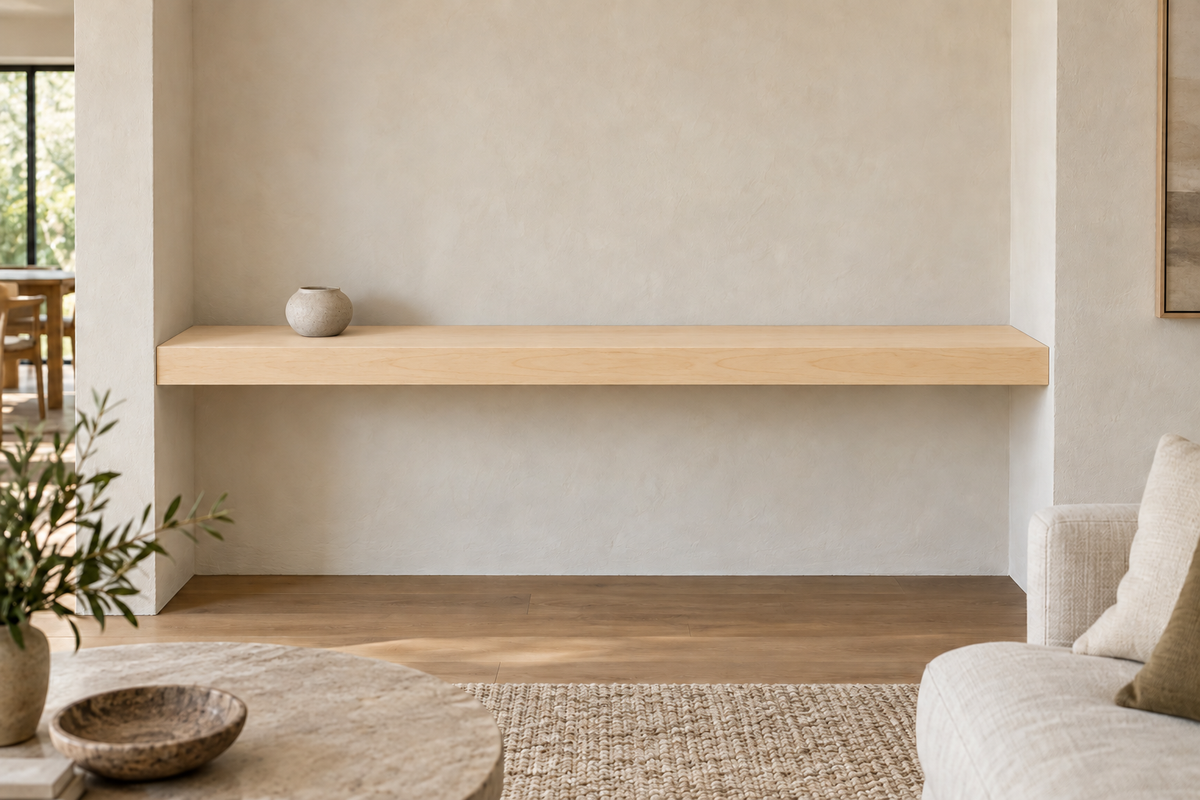 66 × 8 × 3 inch natural maple floating shelf, wall-to-wall mount, unlit