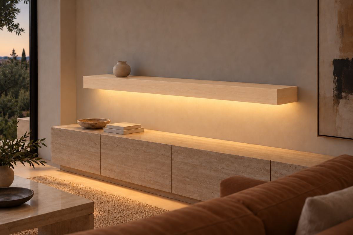 66 × 8 × 4 inch natural maple floating shelf, standard mount, bottom front LED channel