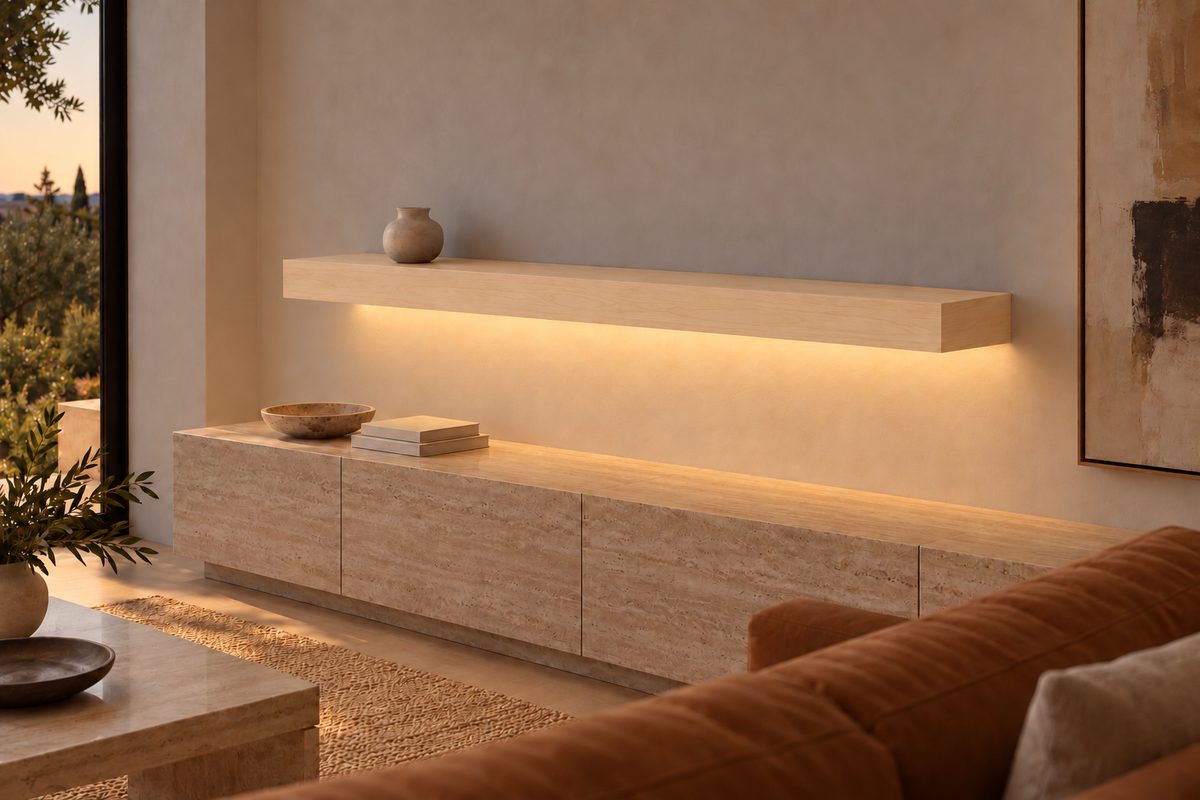 66 × 8 × 4 inch natural maple floating shelf, standard mount, bottom rear LED channel