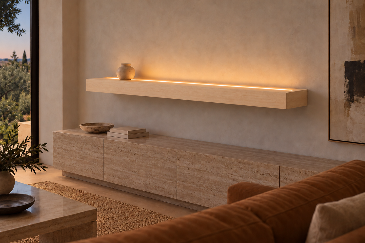 66 × 8 × 4 inch natural maple floating shelf, standard mount, top front LED channel