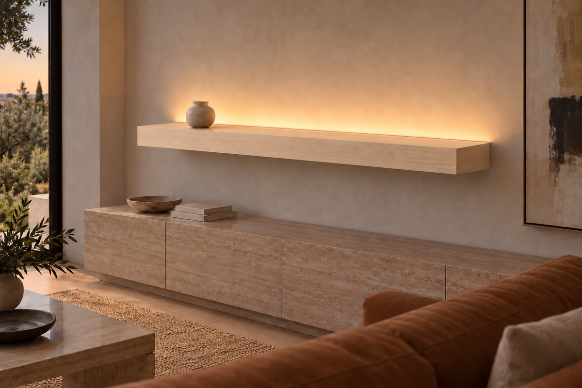 66 × 8 × 4 inch natural maple floating shelf, standard mount, top rear LED channel