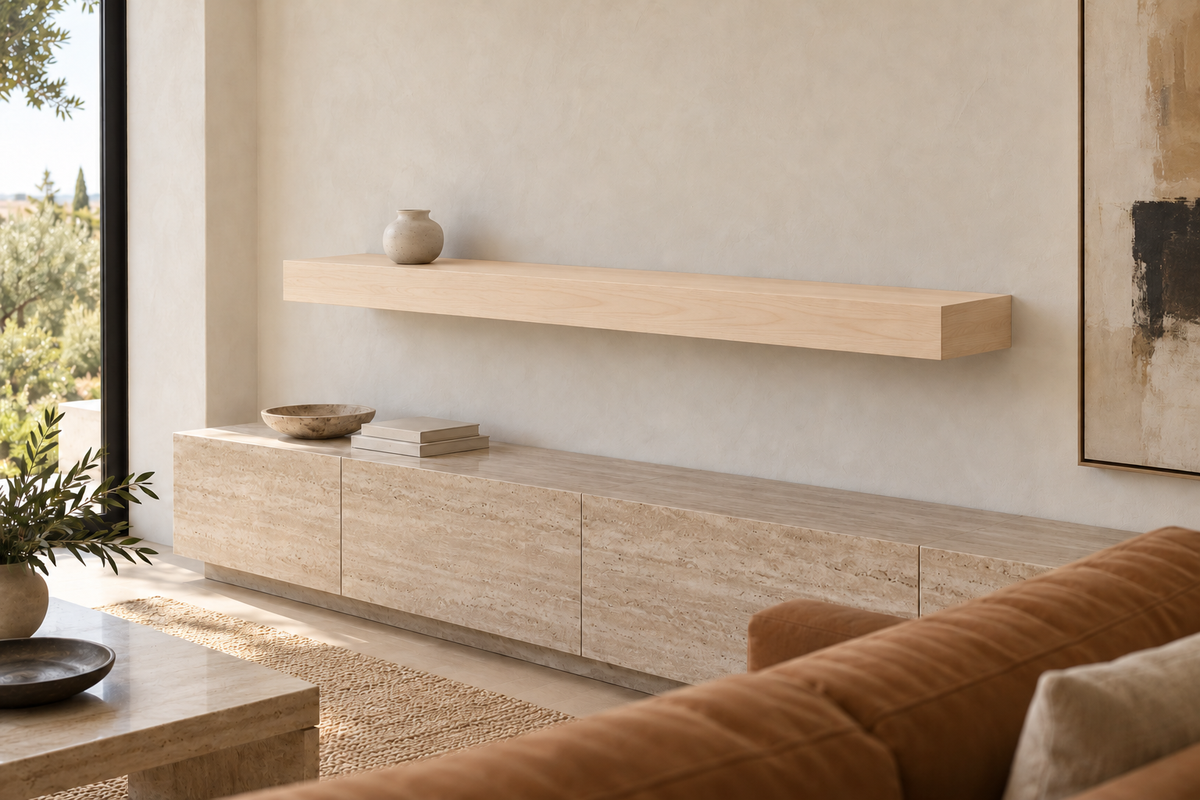 66 × 8 × 4 inch natural maple floating shelf, standard mount, unlit