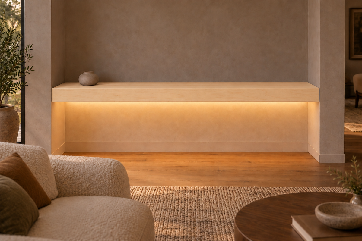66 × 8 × 4 inch natural maple floating shelf, wall-to-wall mount, bottom front LED channel