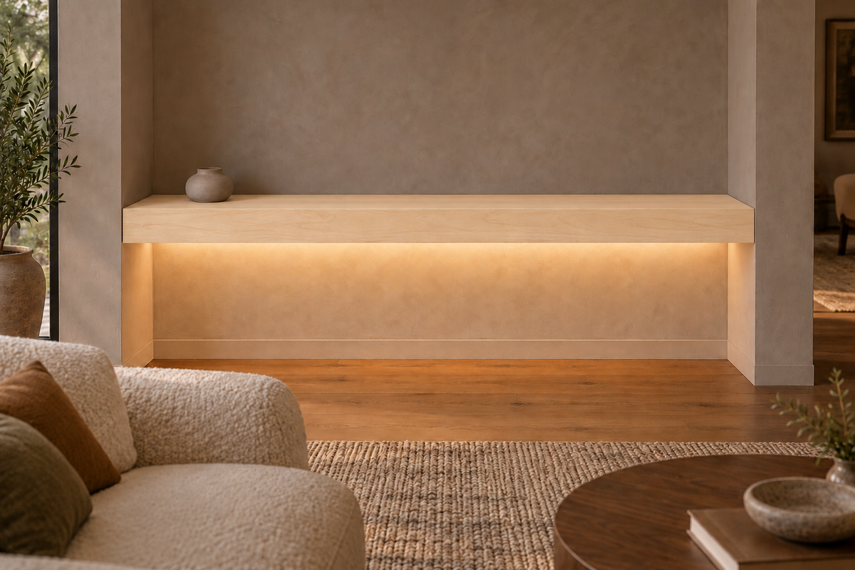 66 × 8 × 4 inch natural maple floating shelf, wall-to-wall mount, bottom rear LED channel