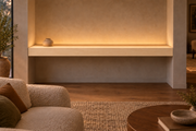66 × 8 × 4 inch natural maple floating shelf, wall-to-wall mount, top front LED channel