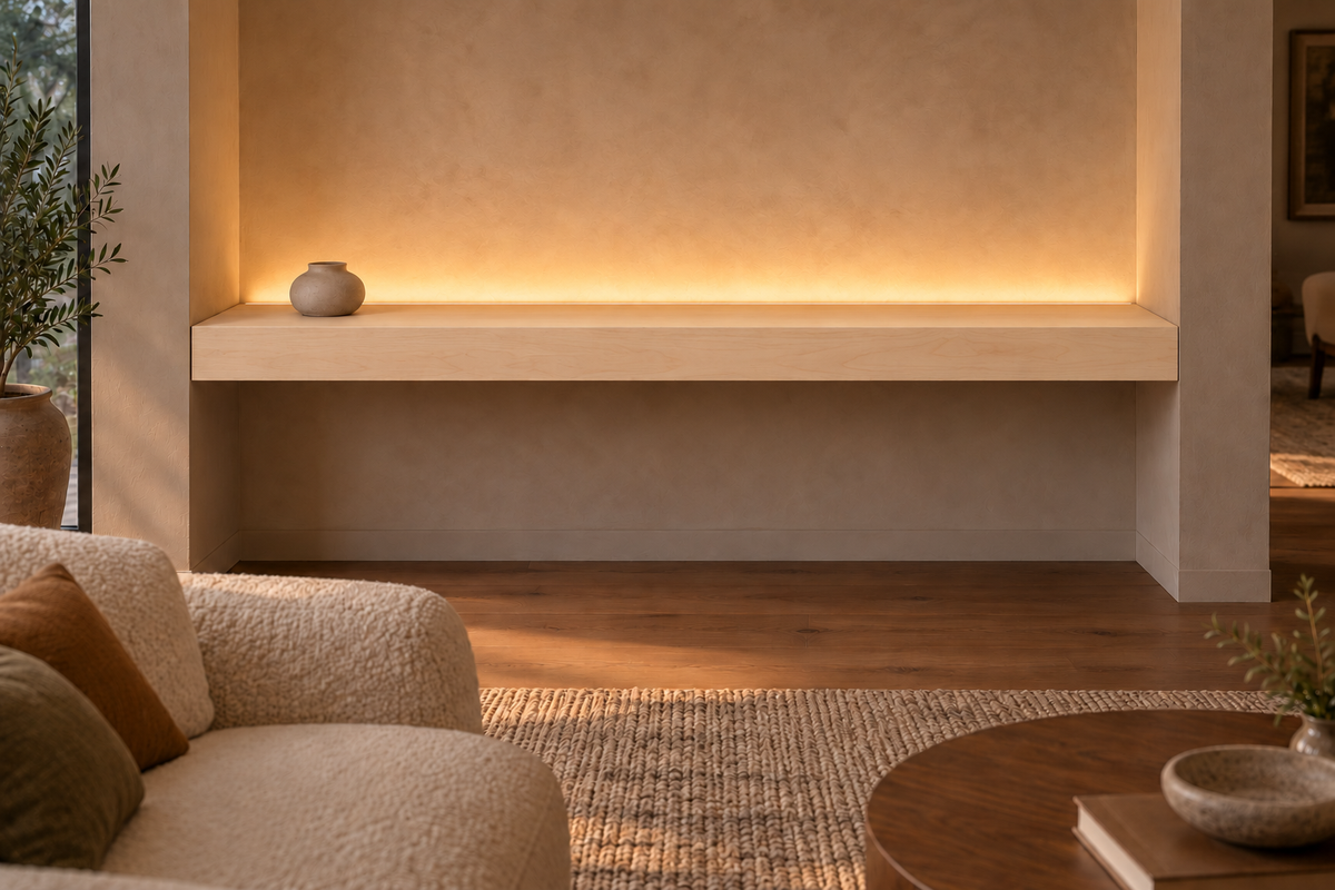 66 × 8 × 4 inch natural maple floating shelf, wall-to-wall mount, top rear LED channel