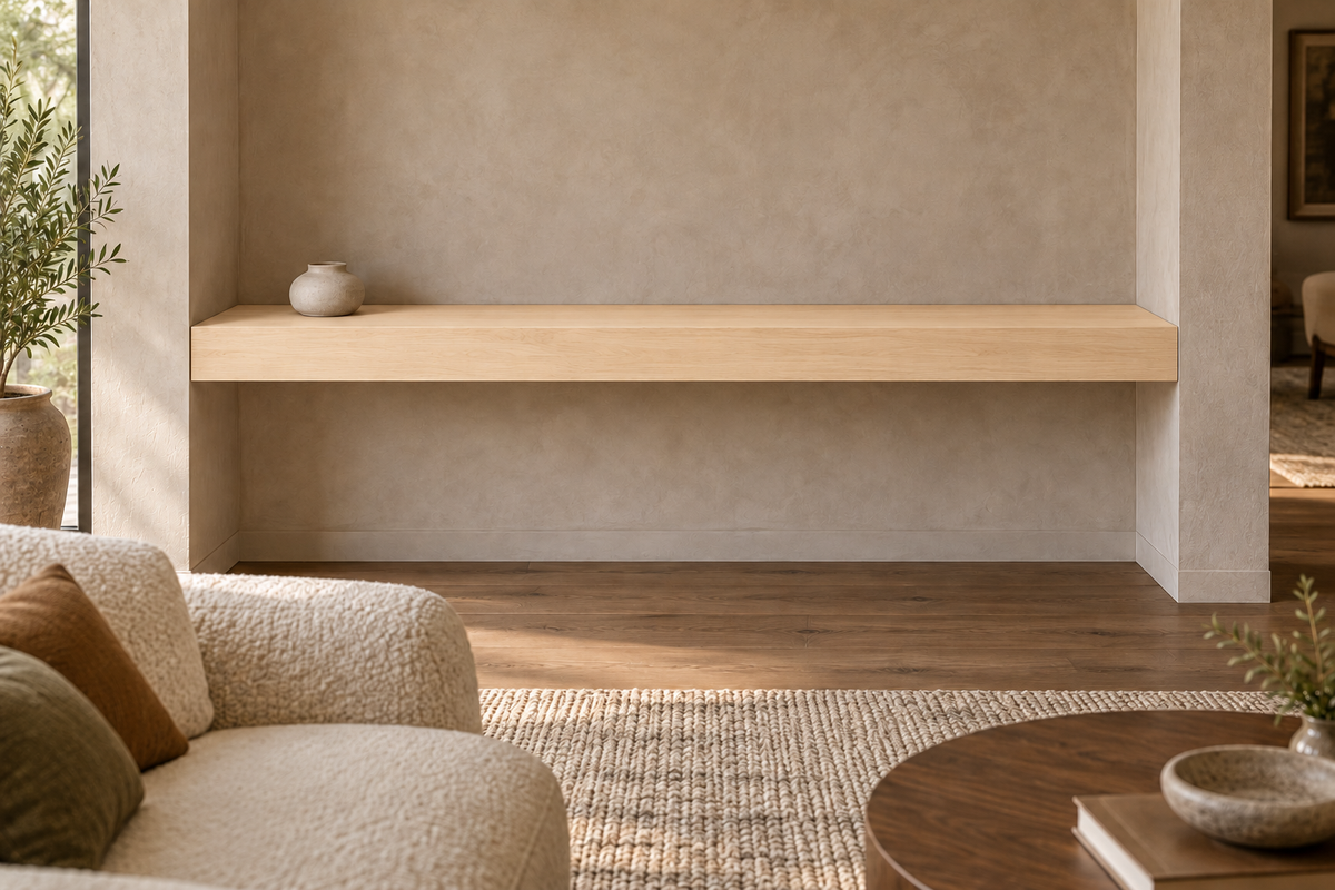 66 × 8 × 4 inch natural maple floating shelf, wall-to-wall mount, unlit