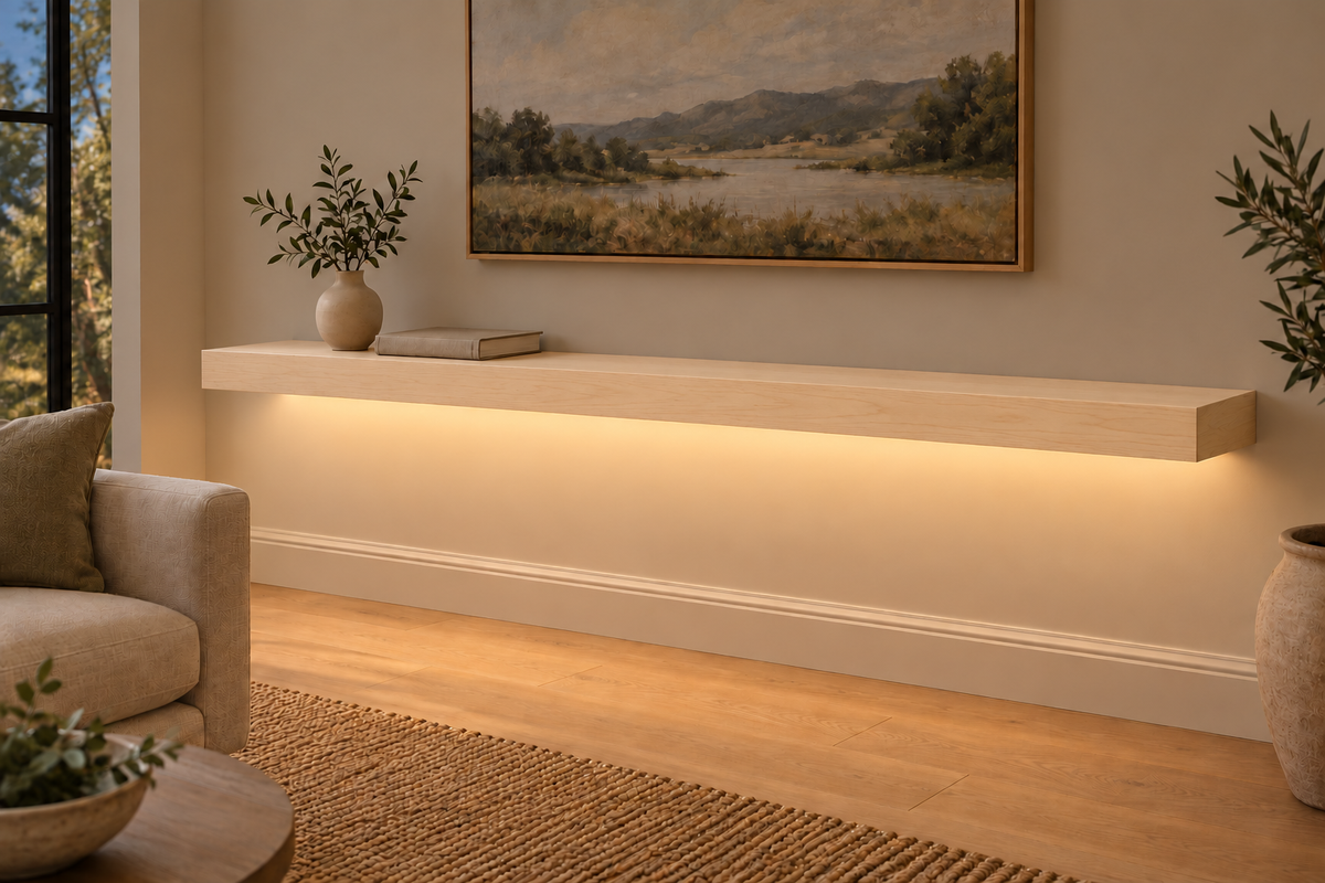 72 × 10 × 3 inch natural maple floating shelf, standard mount, bottom front LED channel