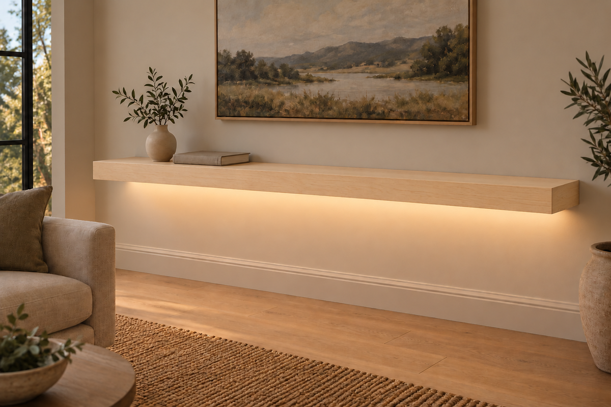 72 × 10 × 3 inch natural maple floating shelf, standard mount, bottom rear LED channel