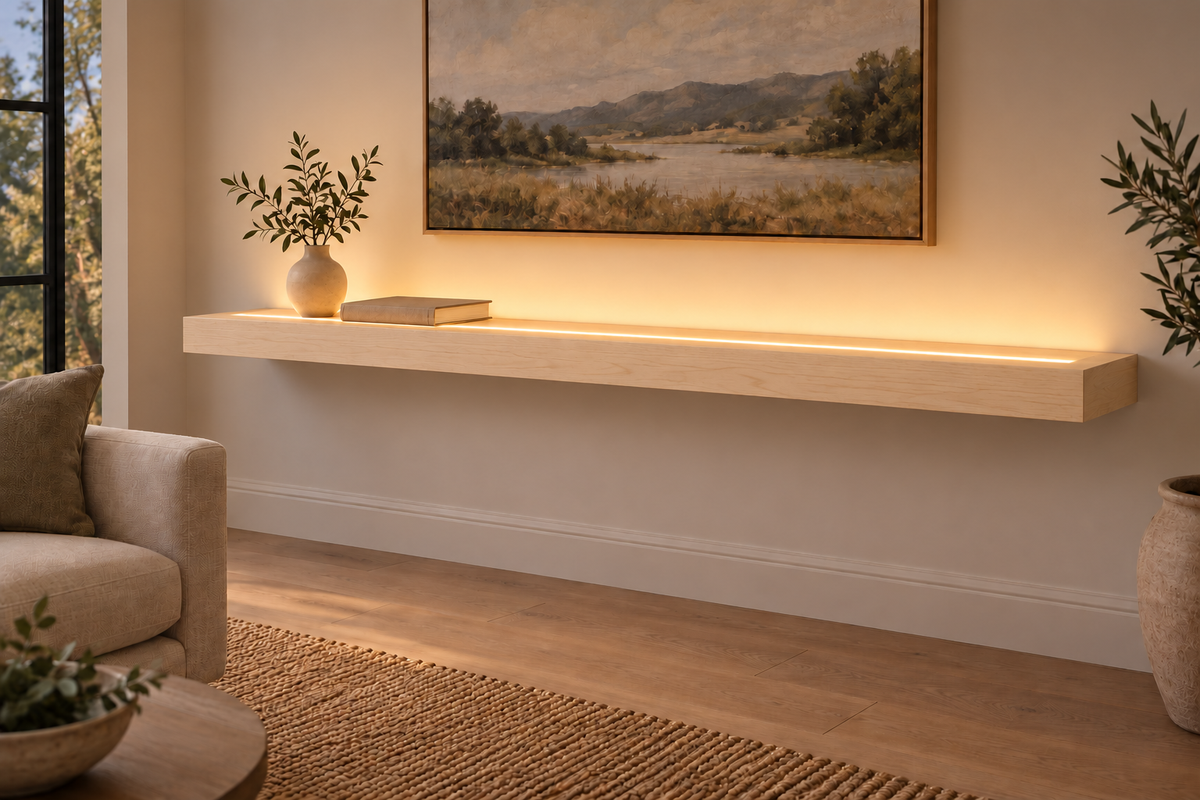 72 × 10 × 3 inch natural maple floating shelf, standard mount, top front LED channel