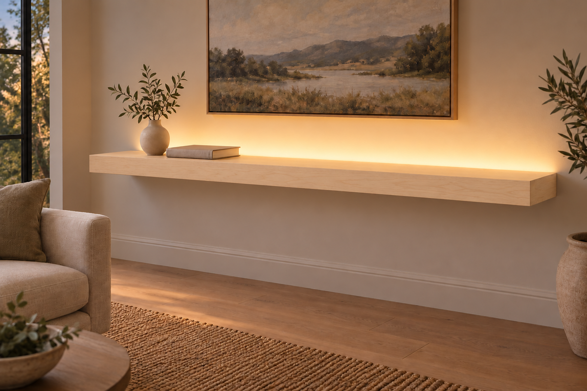 72 × 10 × 3 inch natural maple floating shelf, standard mount, top rear LED channel