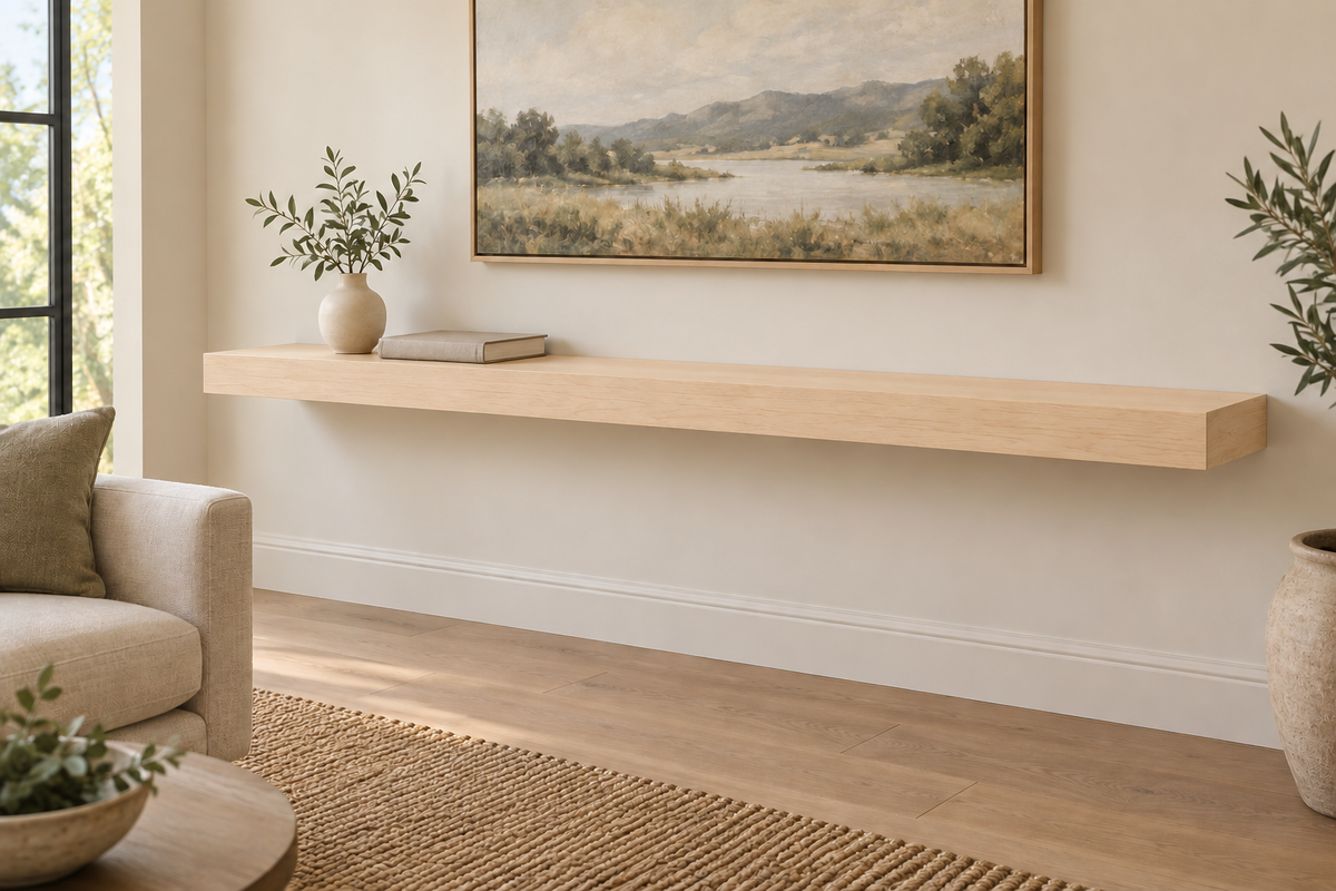 72 × 10 × 3 inch natural maple floating shelf, standard mount, unlit