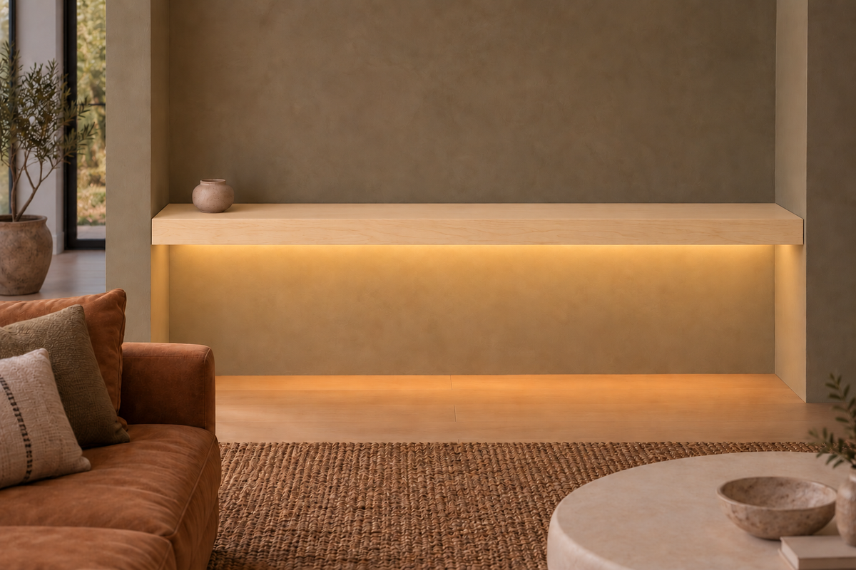 72 × 10 × 3 inch natural maple floating shelf, wall-to-wall mount, bottom front LED channel