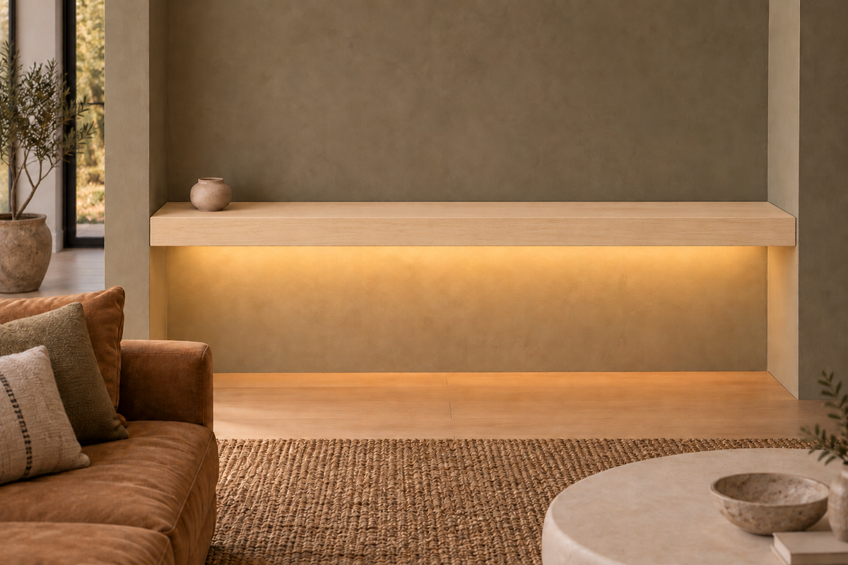 72 × 10 × 3 inch natural maple floating shelf, wall-to-wall mount, bottom rear LED channel