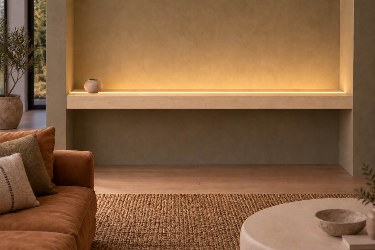 72 × 10 × 3 inch natural maple floating shelf, wall-to-wall mount, top front LED channel