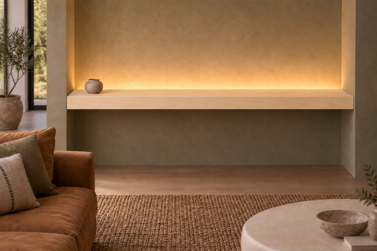 72 × 10 × 3 inch natural maple floating shelf, wall-to-wall mount, top rear LED channel