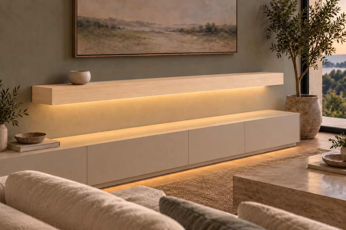 72 × 10 × 4 inch natural maple floating shelf, standard mount, bottom front LED channel