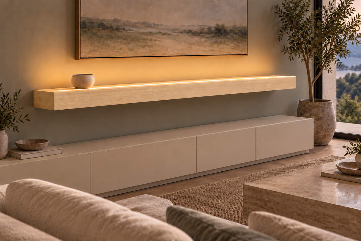 72 × 10 × 4 inch natural maple floating shelf, standard mount, top front LED channel