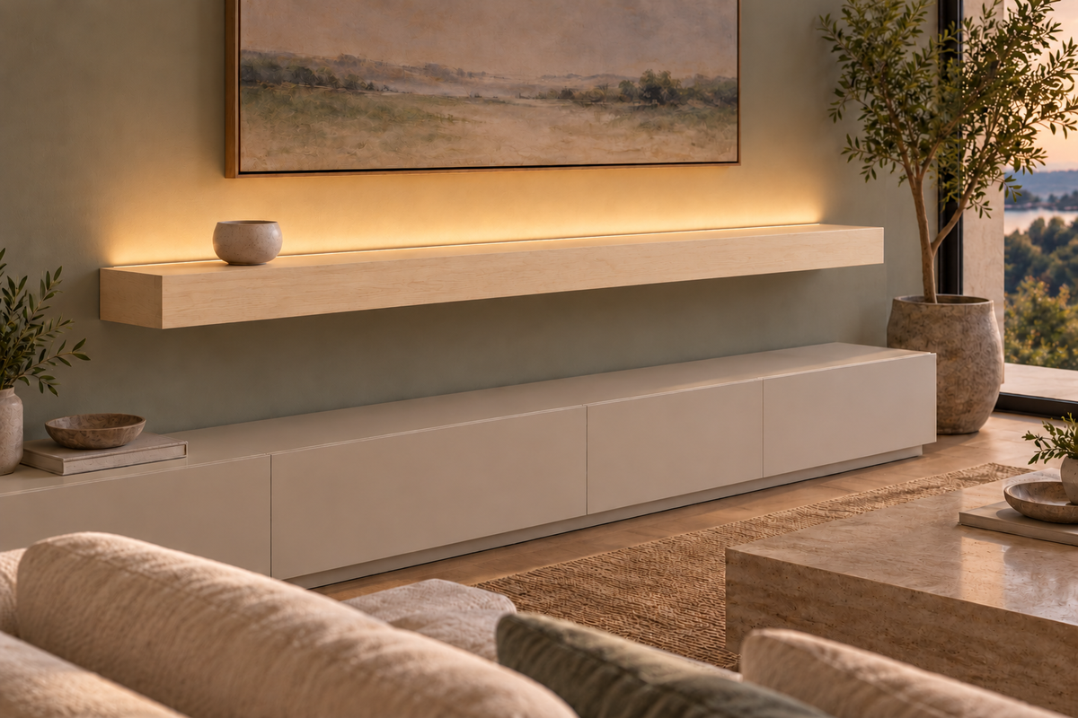 72 × 10 × 4 inch natural maple floating shelf, standard mount, top rear LED channel