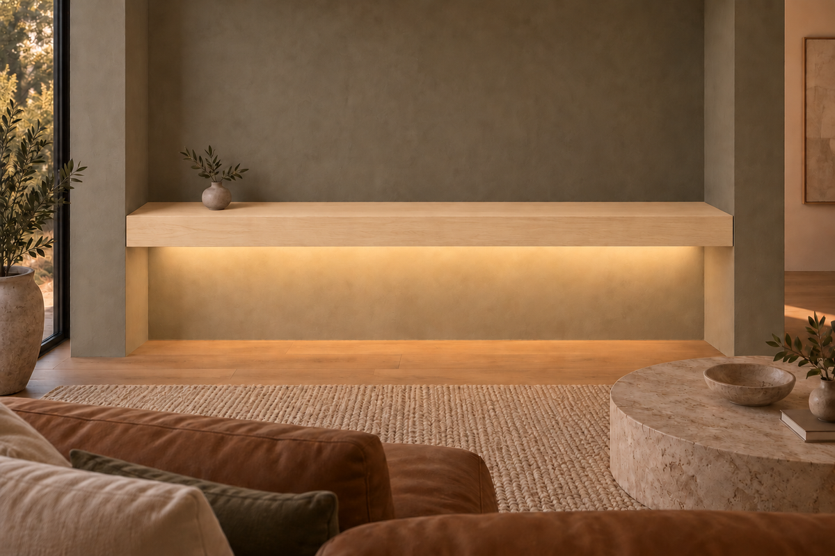 72 × 10 × 4 inch natural maple floating shelf, wall-to-wall mount, bottom front LED channel