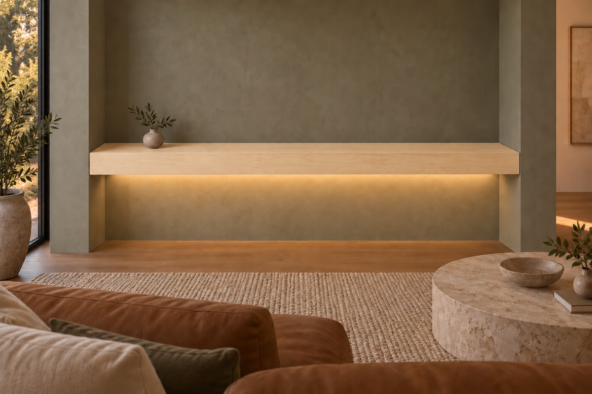 72 × 10 × 4 inch natural maple floating shelf, wall-to-wall mount, bottom rear LED channel