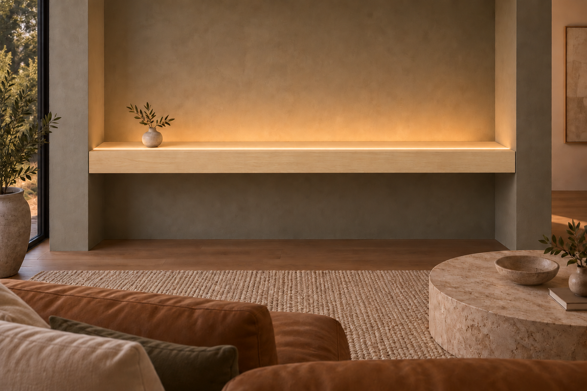72 × 10 × 4 inch natural maple floating shelf, wall-to-wall mount, top front LED channel