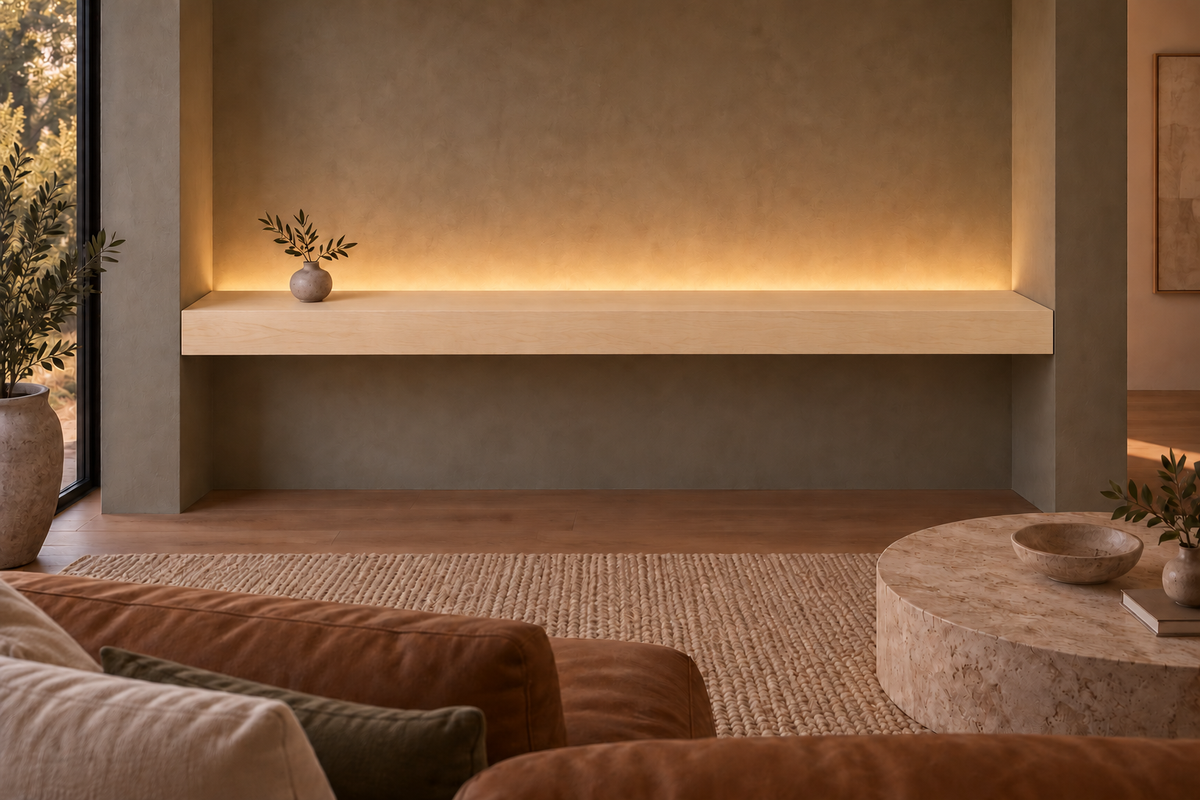 72 × 10 × 4 inch natural maple floating shelf, wall-to-wall mount, top rear LED channel