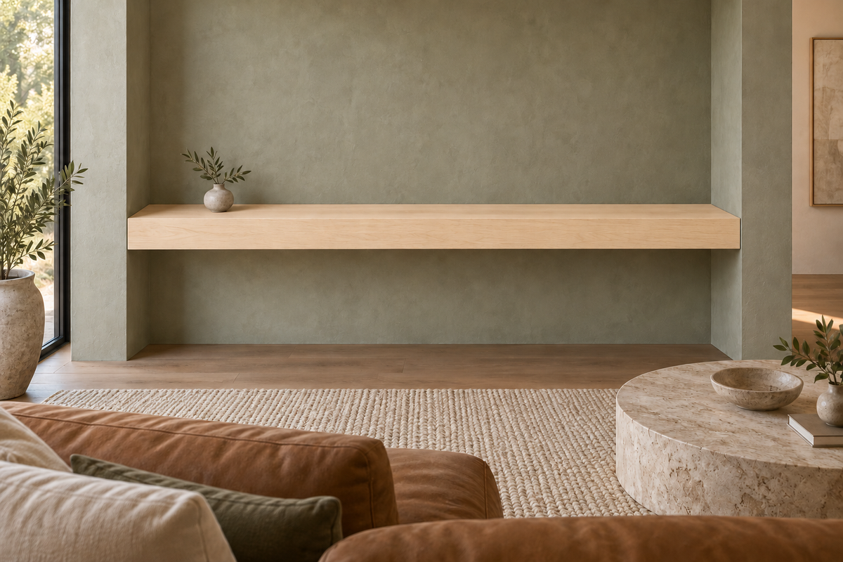 72 × 10 × 4 inch natural maple floating shelf, wall-to-wall mount, unlit