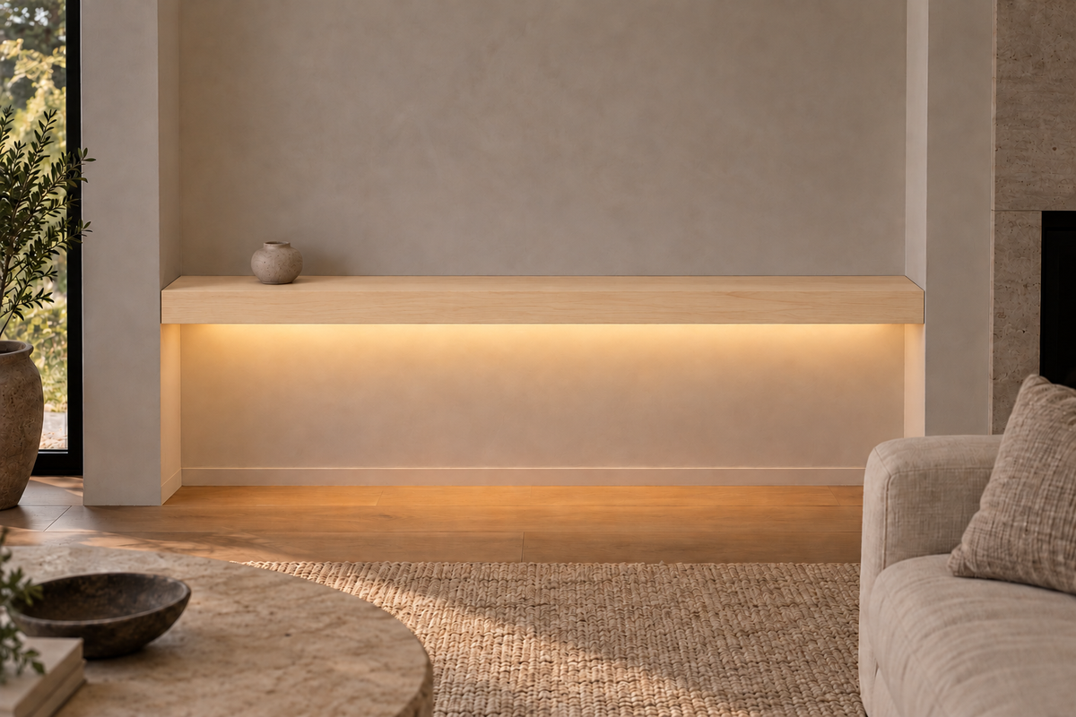 72 × 8 × 3 inch natural maple floating shelf, wall-to-wall mount, bottom front LED channel