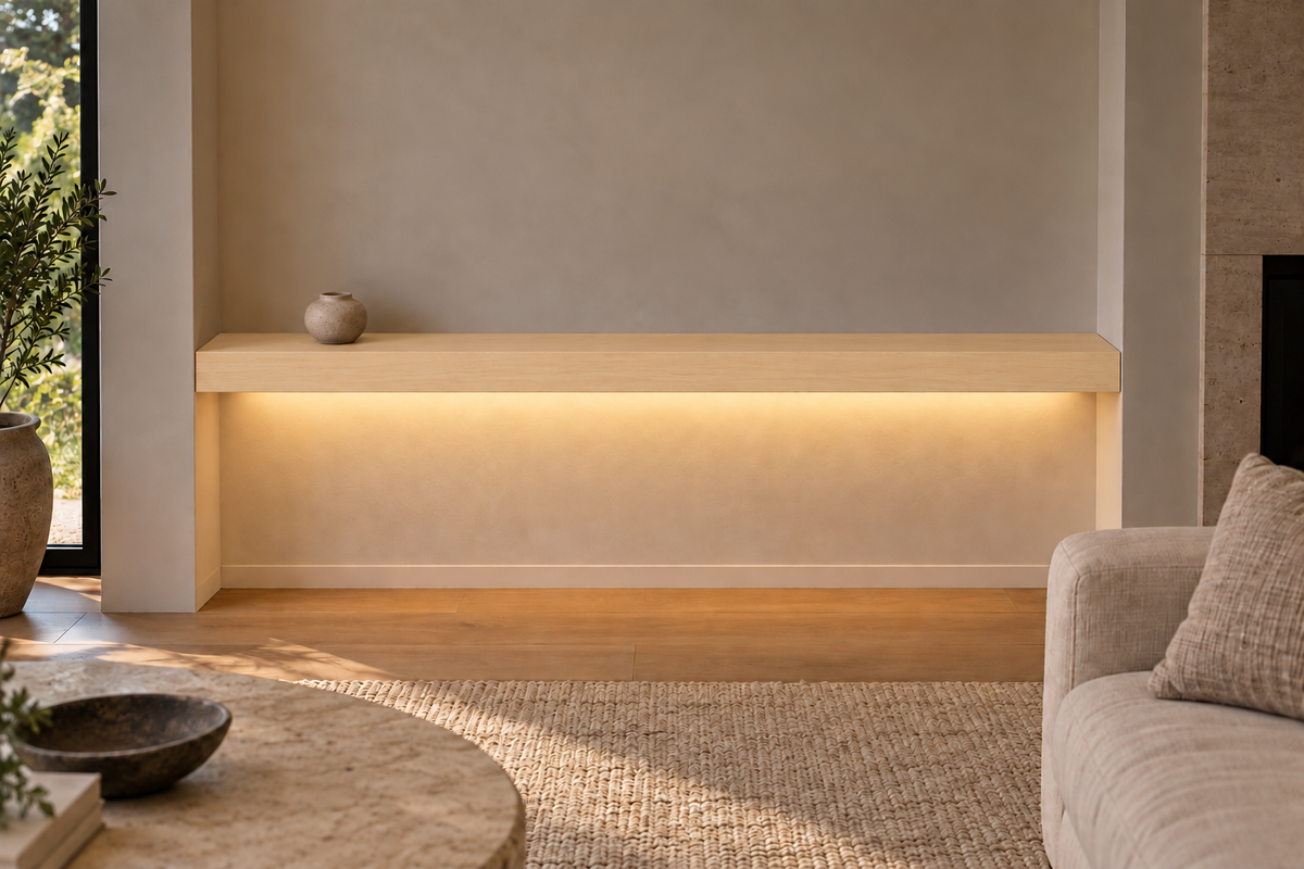 72 × 8 × 3 inch natural maple floating shelf, wall-to-wall mount, bottom rear LED channel