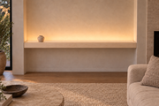 72 × 8 × 3 inch natural maple floating shelf, wall-to-wall mount, top front LED channel