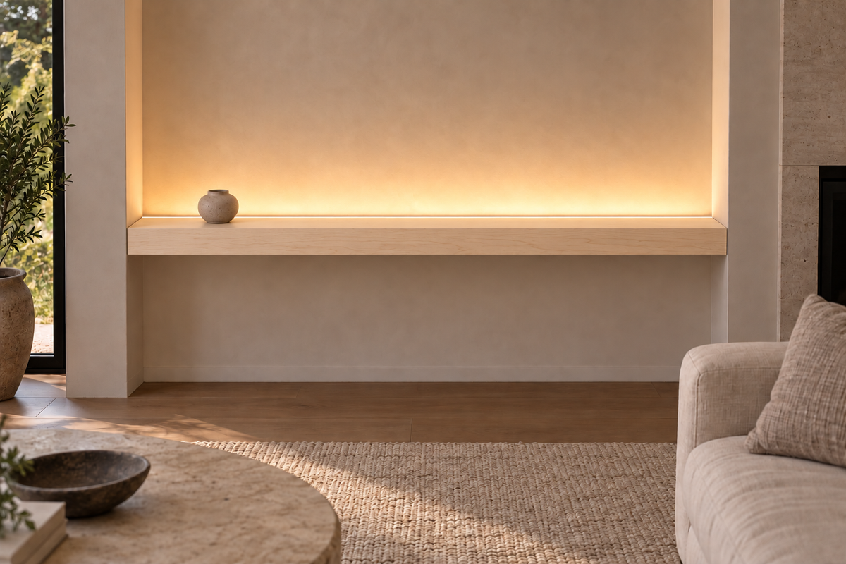 72 × 8 × 3 inch natural maple floating shelf, wall-to-wall mount, top rear LED channel
