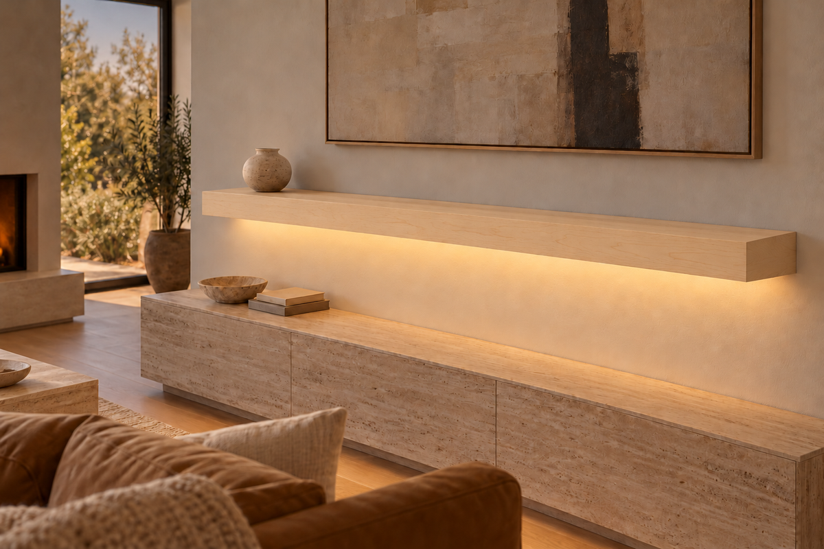 72 × 8 × 4 inch natural maple floating shelf, standard mount, bottom front LED channel
