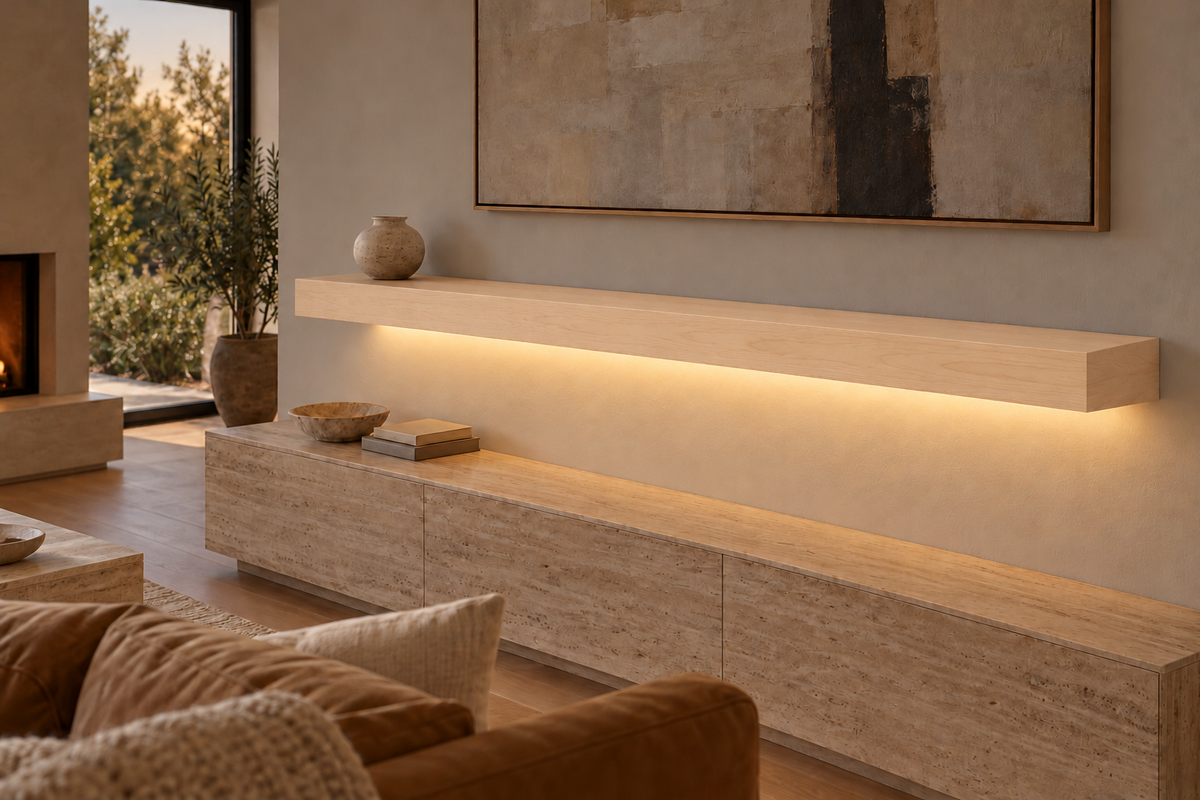 72 × 8 × 4 inch natural maple floating shelf, standard mount, bottom rear LED channel
