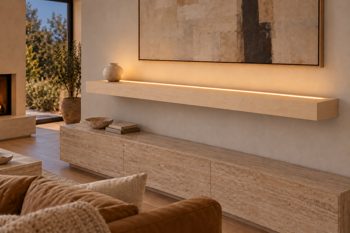 72 × 8 × 4 inch natural maple floating shelf, standard mount, top front LED channel