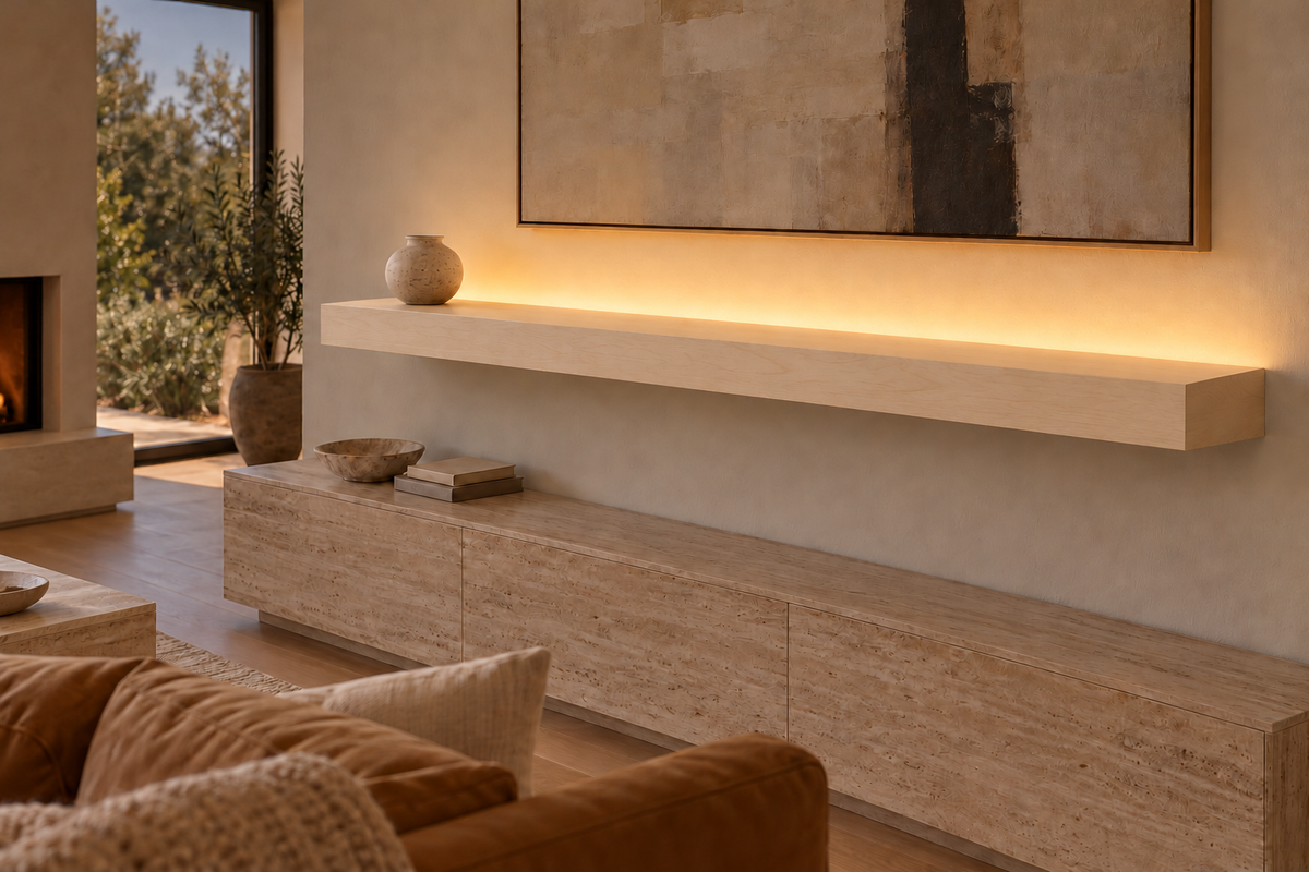 72 × 8 × 4 inch natural maple floating shelf, standard mount, top rear LED channel