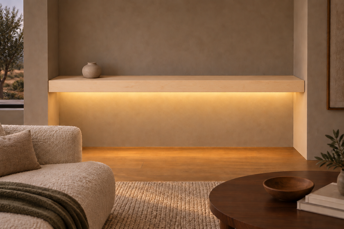 72 × 8 × 4 inch natural maple floating shelf, wall-to-wall mount, bottom front LED channel