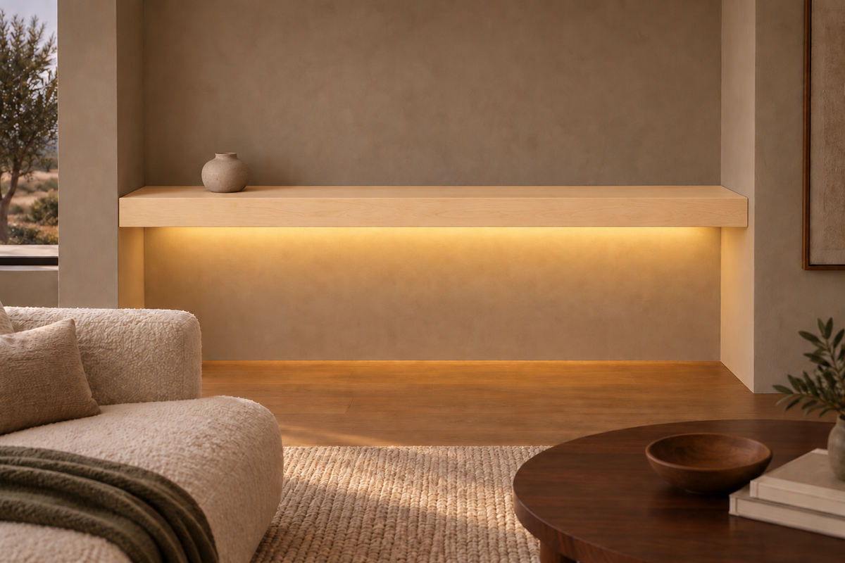 72 × 8 × 4 inch natural maple floating shelf, wall-to-wall mount, bottom rear LED channel
