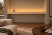 72 × 8 × 4 inch natural maple floating shelf, wall-to-wall mount, top front LED channel