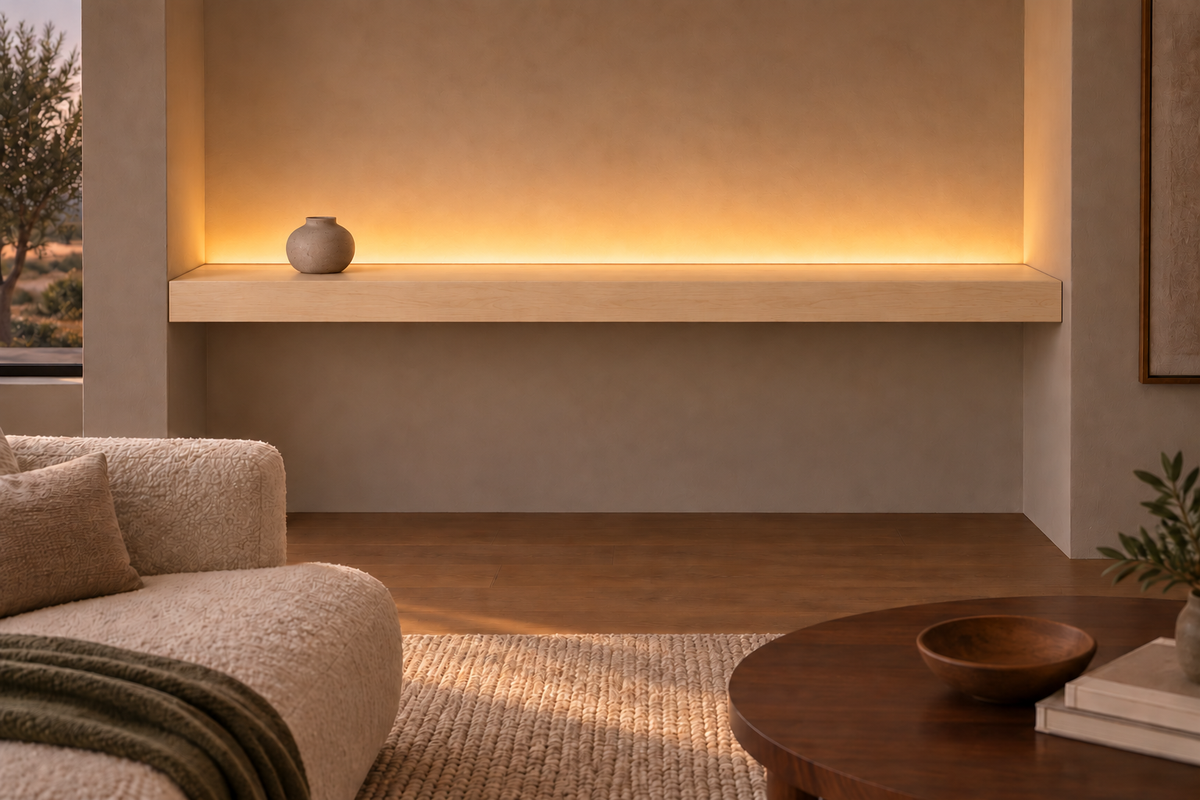 72 × 8 × 4 inch natural maple floating shelf, wall-to-wall mount, top rear LED channel