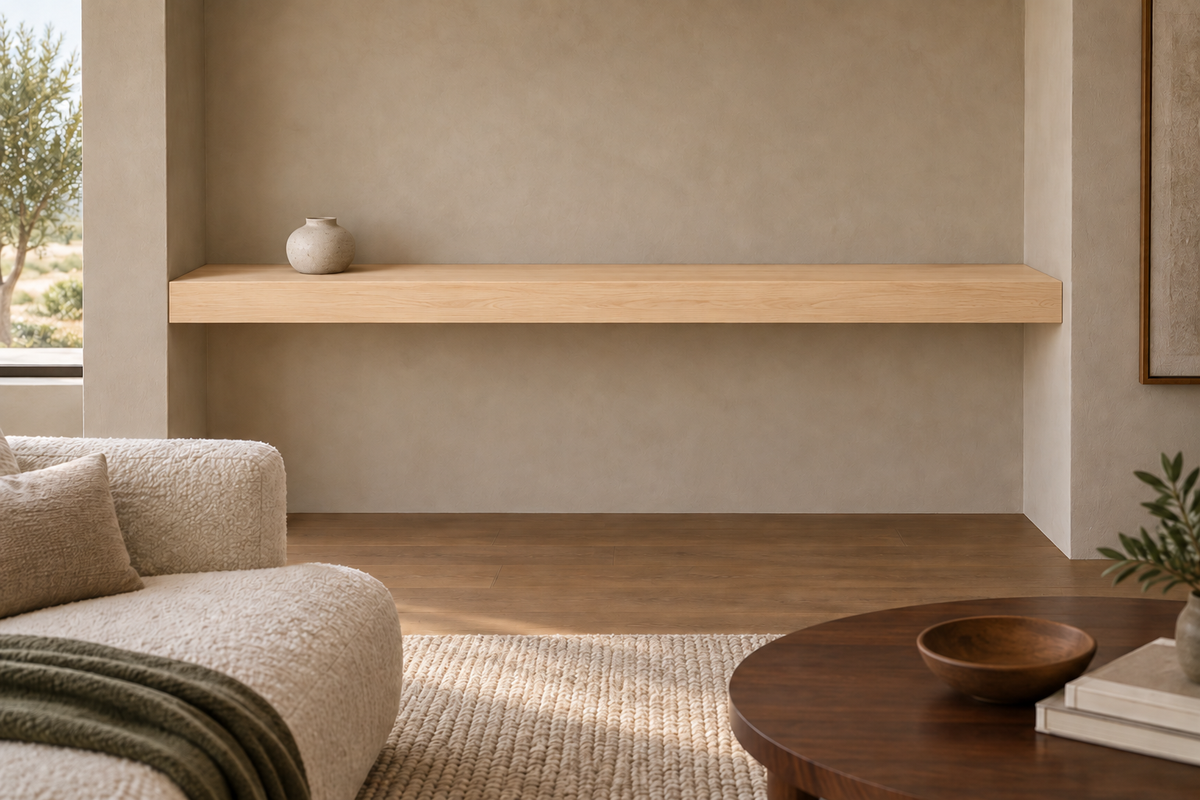 72 × 8 × 4 inch natural maple floating shelf, wall-to-wall mount, unlit