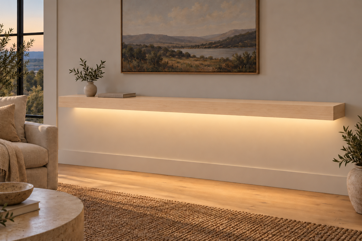 78 × 10 × 3 inch natural maple floating shelf, standard mount, bottom front LED channel