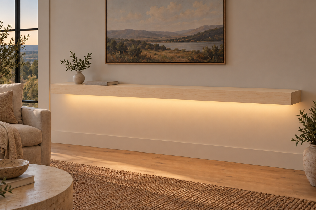 78 × 10 × 3 inch natural maple floating shelf, standard mount, bottom rear LED channel