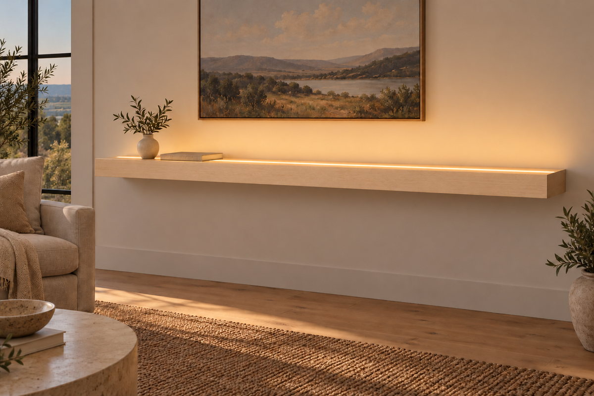 78 × 10 × 3 inch natural maple floating shelf, standard mount, top front LED channel