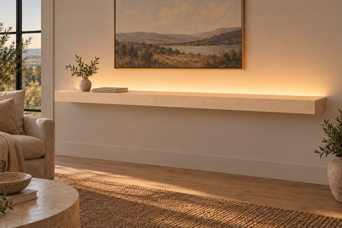 78 × 10 × 3 inch natural maple floating shelf, standard mount, top rear LED channel