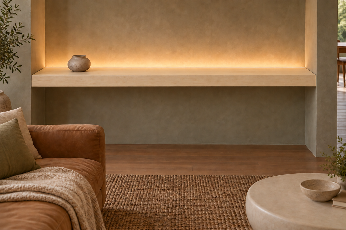 78 × 10 × 3 inch natural maple floating shelf, wall-to-wall mount, top rear LED channel