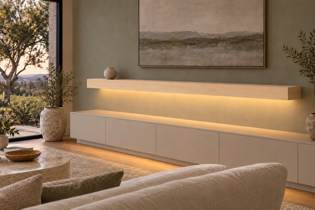78 × 10 × 4 inch natural maple floating shelf, standard mount, bottom front LED channel