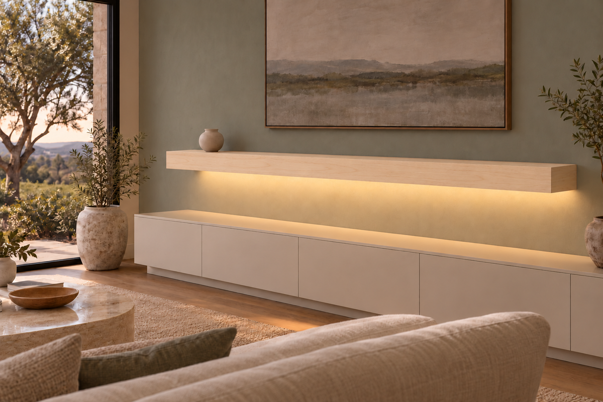 78 × 10 × 4 inch natural maple floating shelf, standard mount, bottom rear LED channel