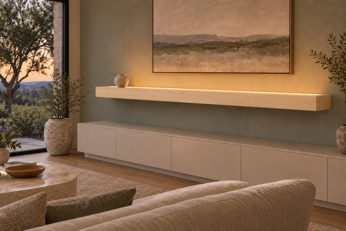 78 × 10 × 4 inch natural maple floating shelf, standard mount, top front LED channel